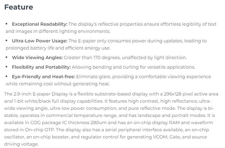 Display Epaper 2.9 - 104990852 Écran flexible monochrome EInk EPaper